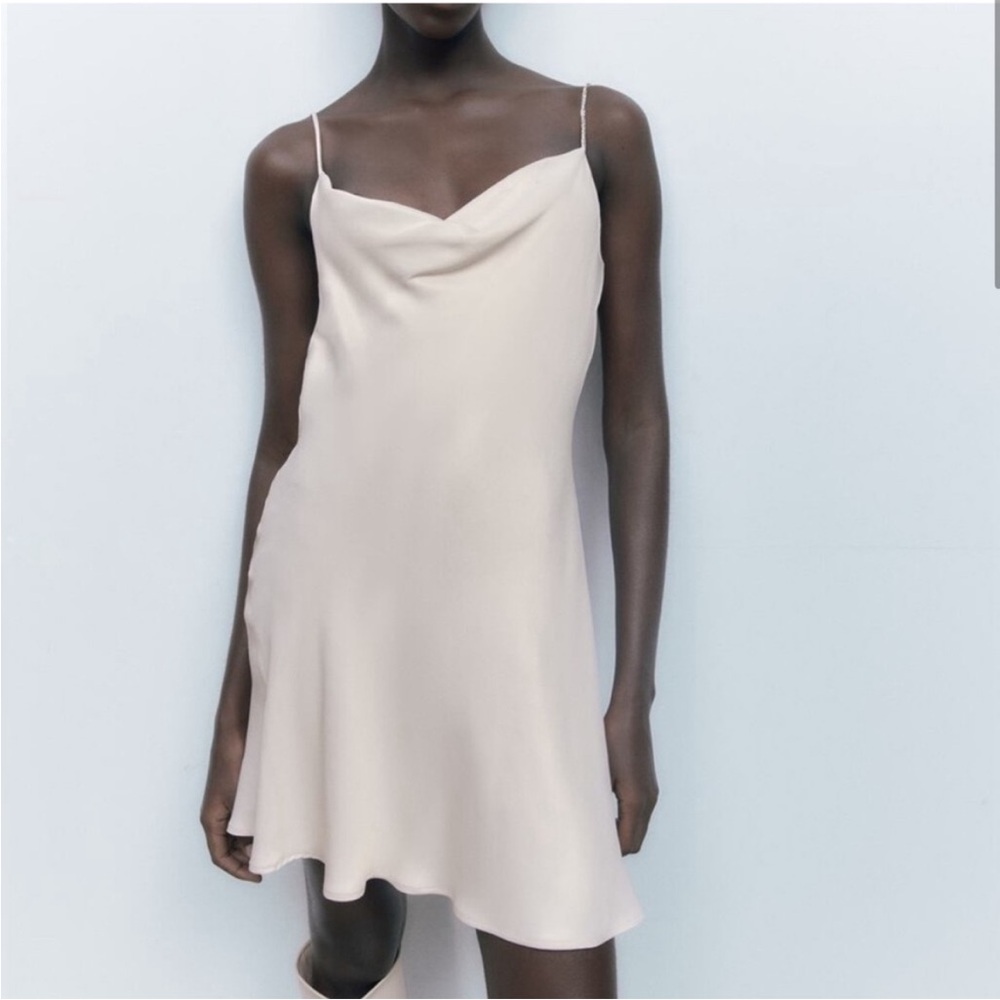 Zara rhinestone strap satin effect mini part cocktail dress in beige